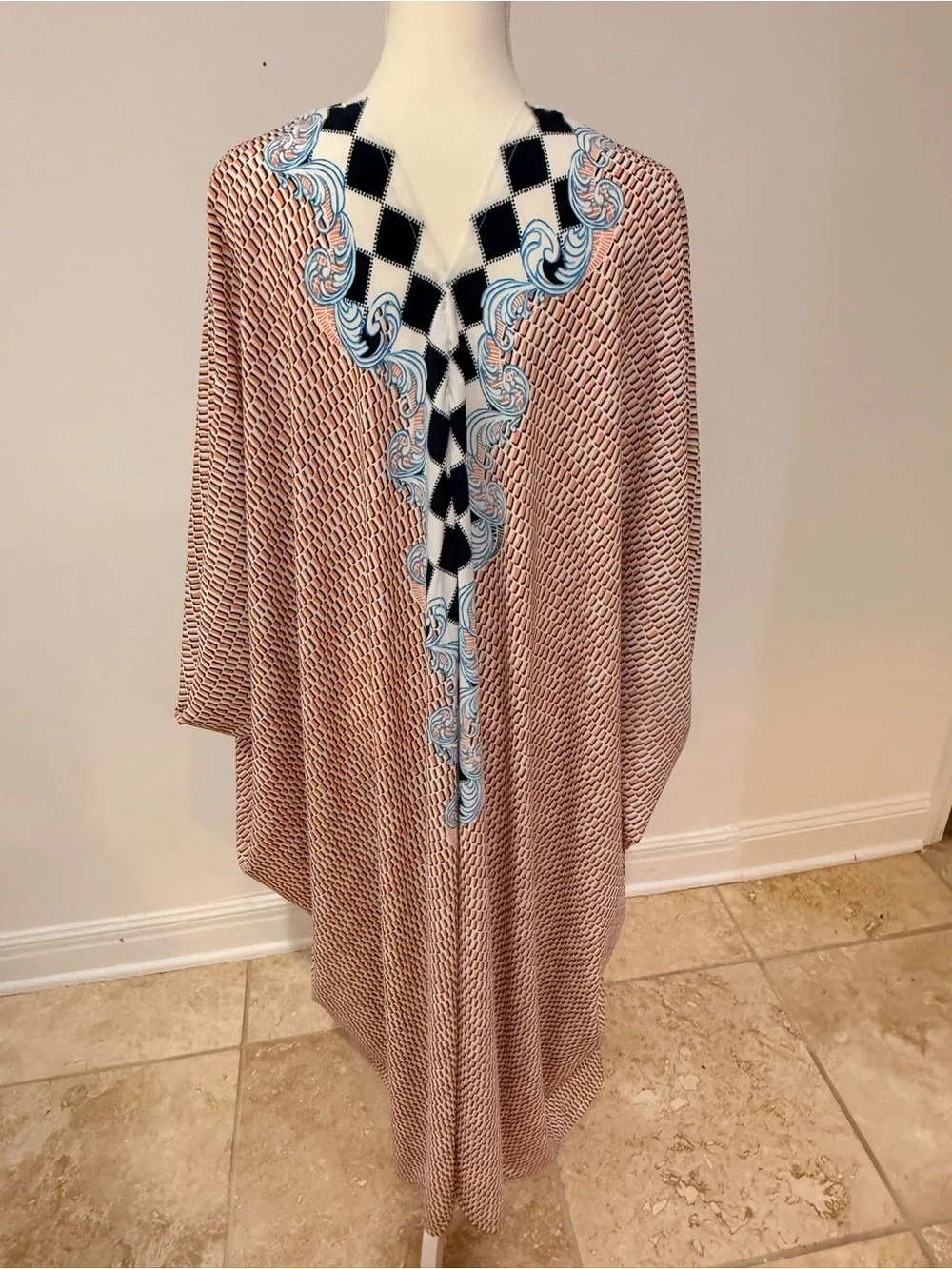 Maxi Dress Caftan with Blue Scroll Trim - Pink/Brown Pattern - Picture 4 of 6